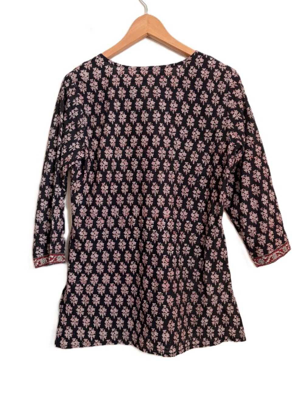 Fabindia Black Printed Cotton Kurti Tunic Top – Women’s Medium – Boho Henley 3/4 - Picture 2 of 13